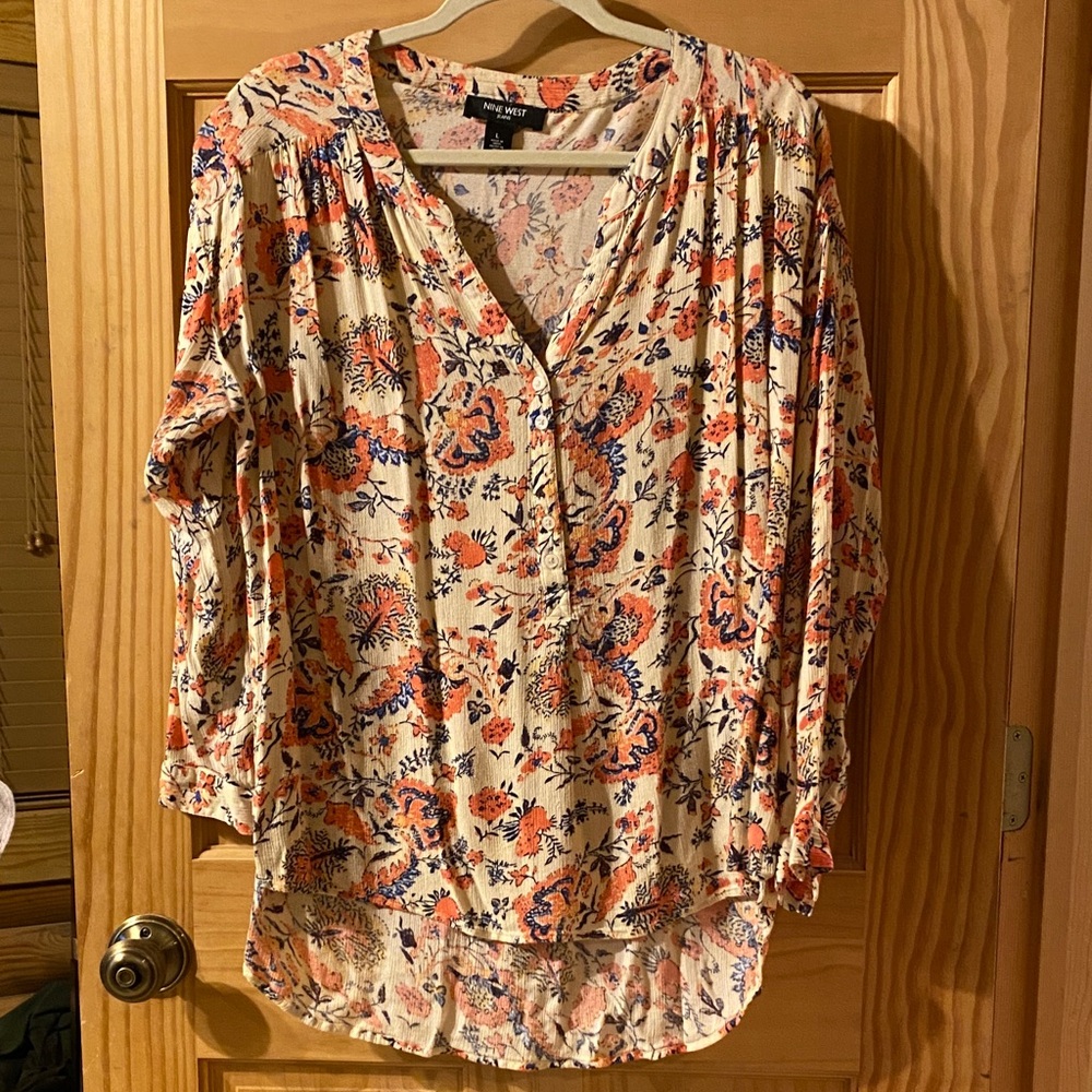 Nine West Floral V-Neck Blouse - Cream and Orange